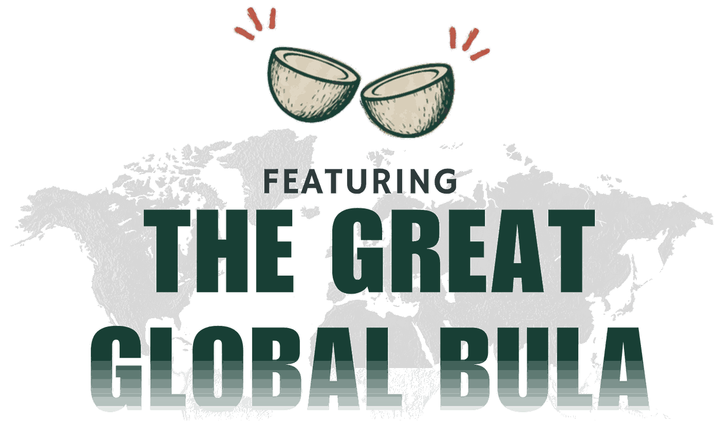 Two kava shells clinking above a world map, with the words Featuring The Great Global Bula
